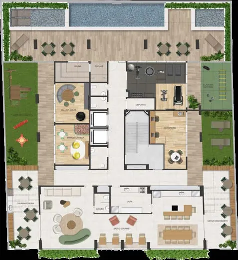 Masterplan do pavimento de lazer do Dom Park Residencial com os 16 espaços numerados