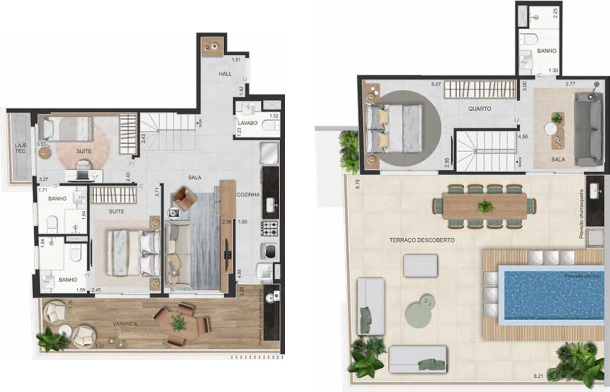 Planta dos dois pavimentos da cobertura dúplex 601 do Dom Park Residencial, com terraço e previsão de piscina